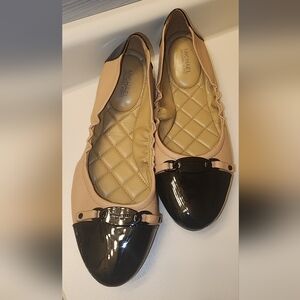 Michael Kors Women's Tan Leather With Black Patent Leather Cap Toe Flat Shoes